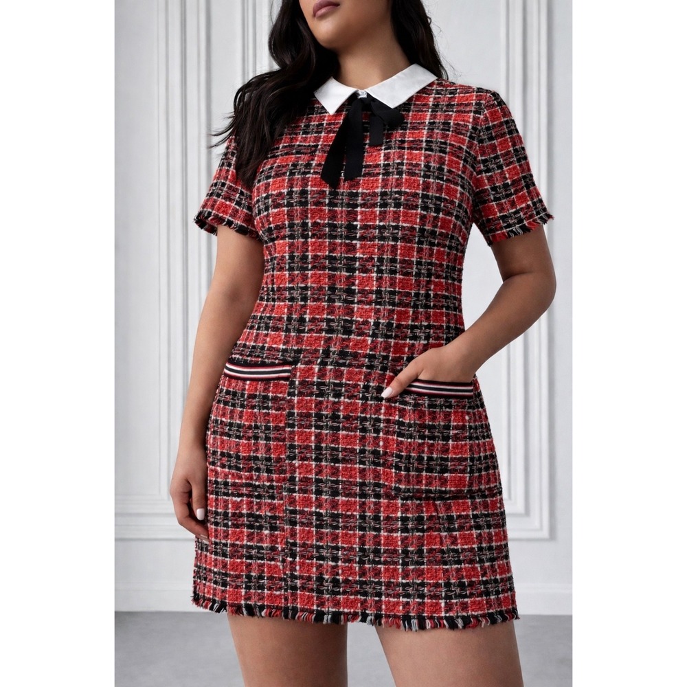 Parisian Tweed Shift Plaid Dress Peter Pan Collar Sz 15 Juniors Kingston Grey
